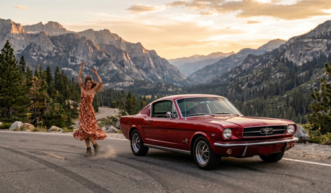 A red car with a woman dancing behind it, in the mountains at sunset